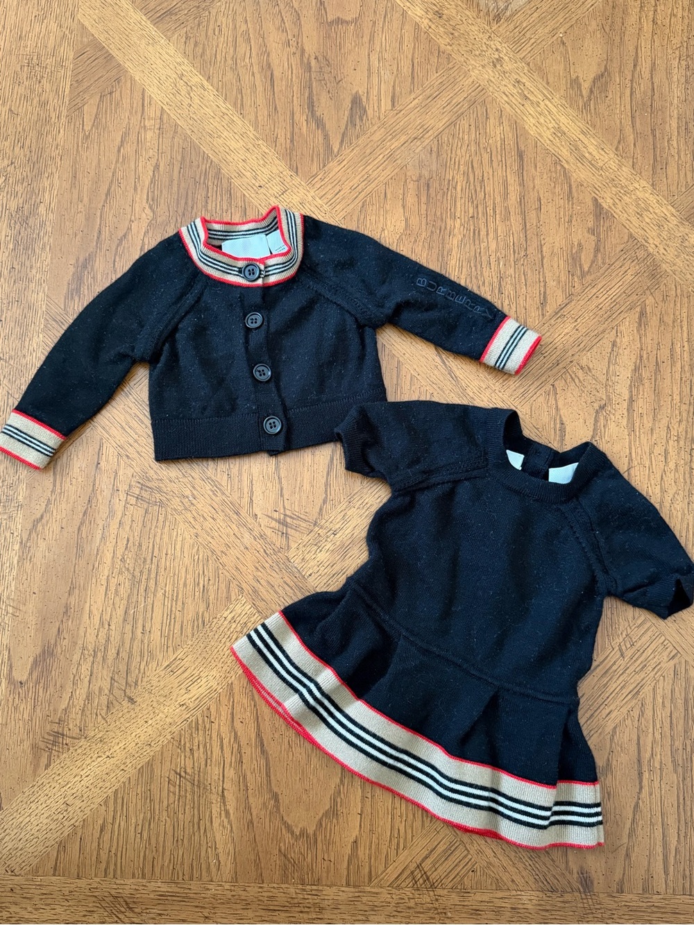 Black Knit Dress & Cardigan Set with Stripe Signature Burberry Trim - Size 1M